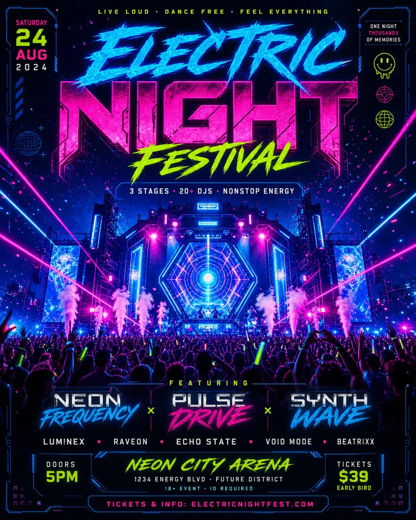 Vismuse example: Electric Night music festival flyer