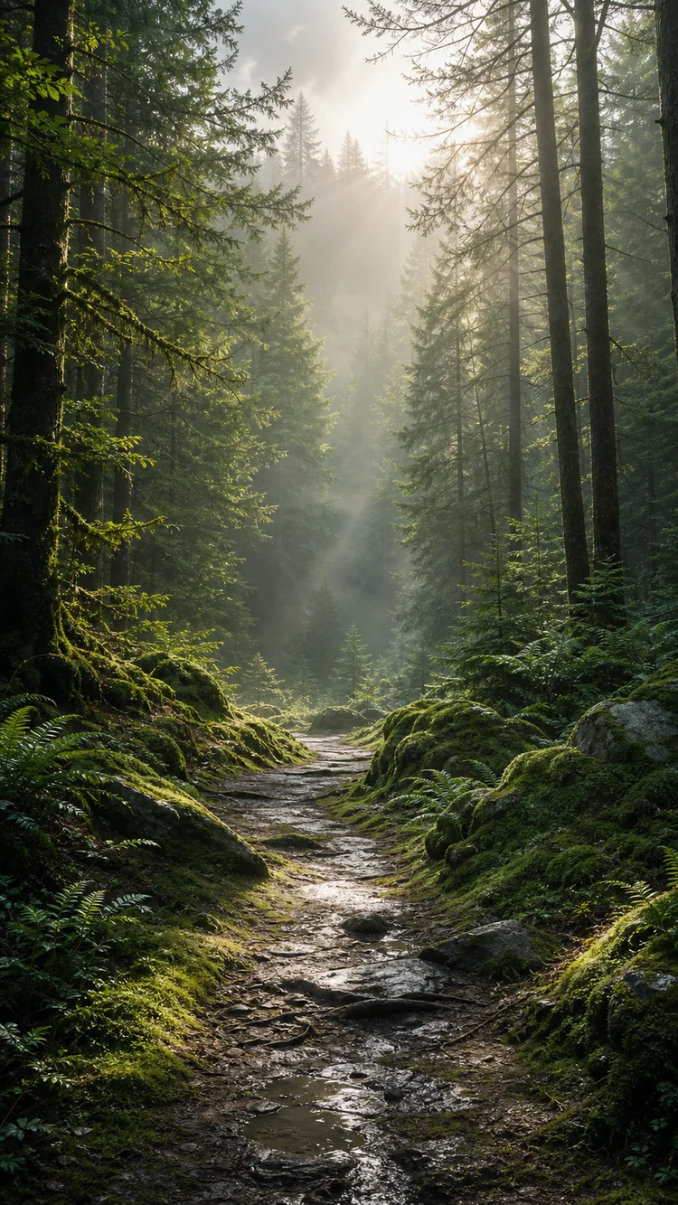 Vismuse forest wallpaper with sunlight falling across a woodland path